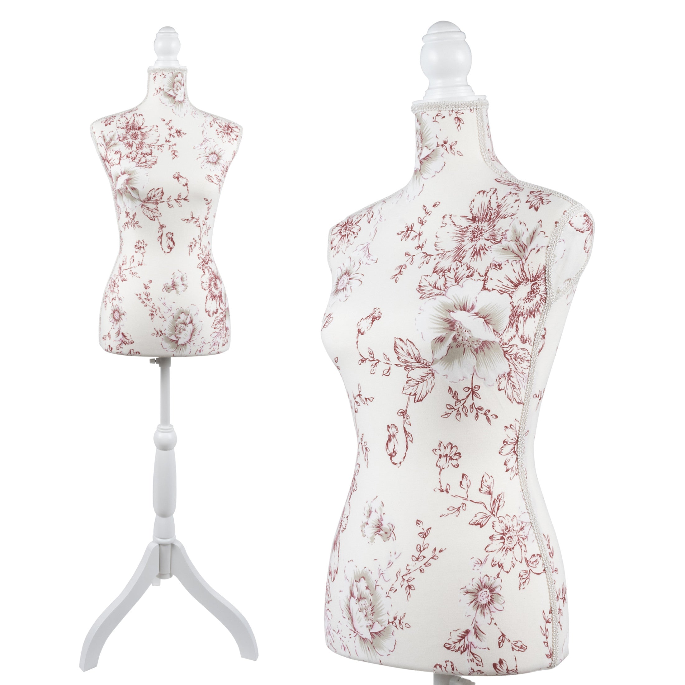 Dritz Dress Form, Female Sewing Mannequin, US Size 6, Burgundy Floral Pattern on Torso with Adjustable Wooden Tripod Stand – Lightweight Display