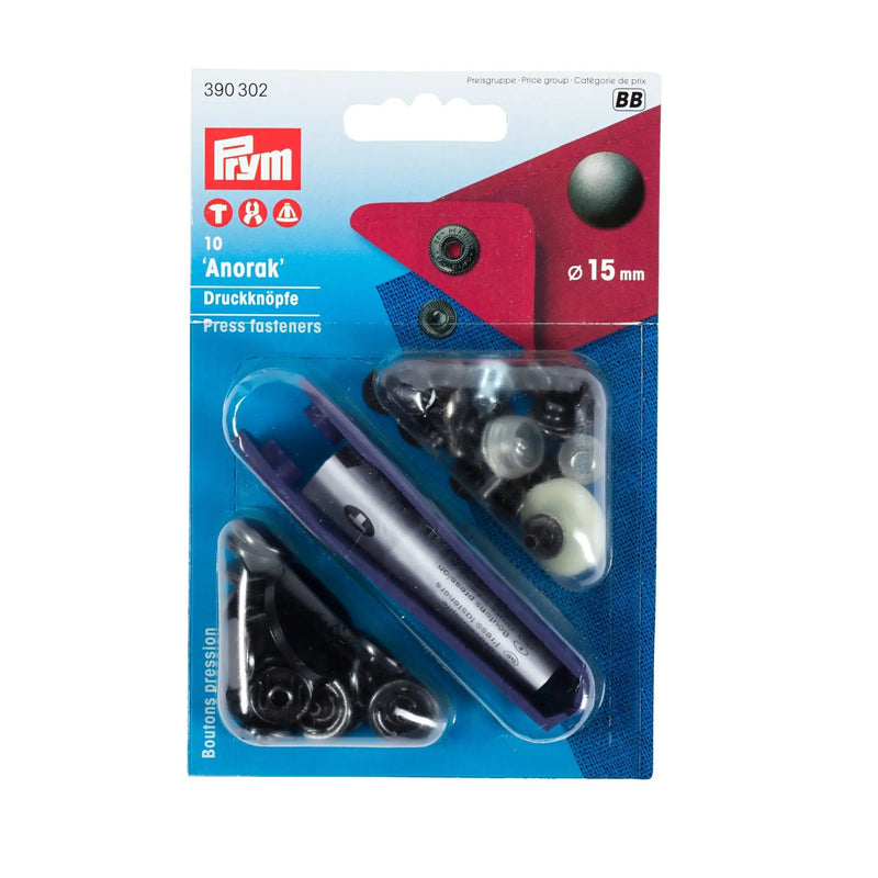 Cargue la imagen en el visor de la galería, 390302|Prym ANORAK 15 mm black oxidized with tools 10pc