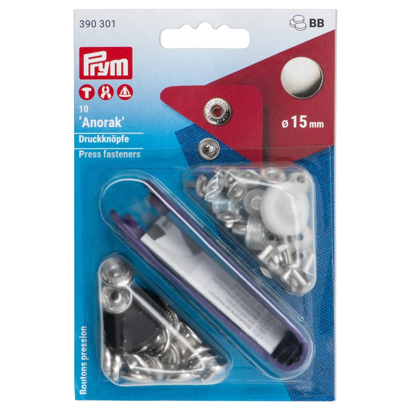 Cargue la imagen en el visor de la galería, 390301|Prym ANORAK 15 mm silver with tools 10pc