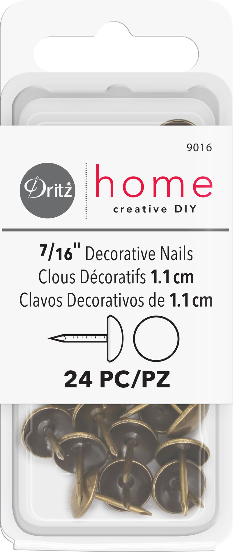 Load image into Gallery viewer, 9016|Dritz 7/16" Smooth Decorative Nails, Antique Brass, 24 pc