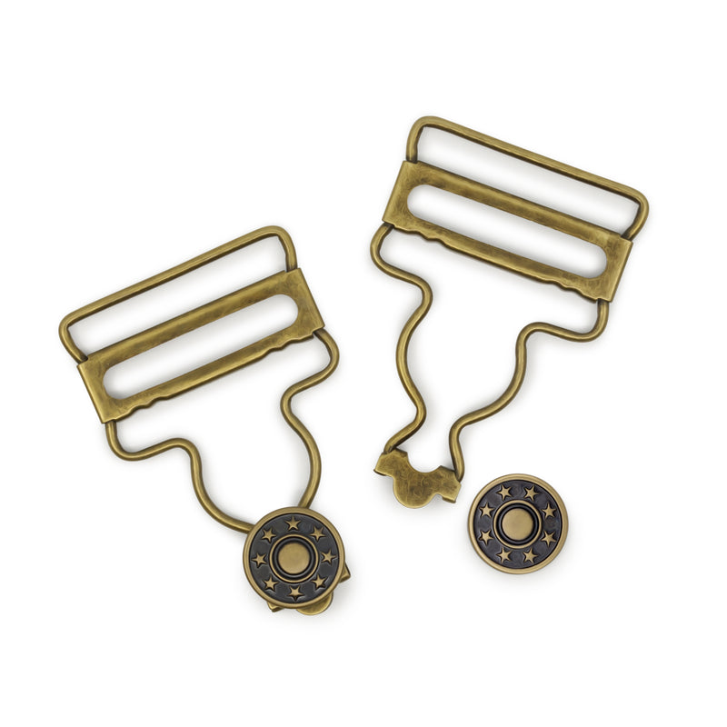 Cargue la imagen en el visor de la galería, 6-38|Dritz 1-1/4" Overall Buckles with No-Sew Buttons, Antique Brass, 2 pc