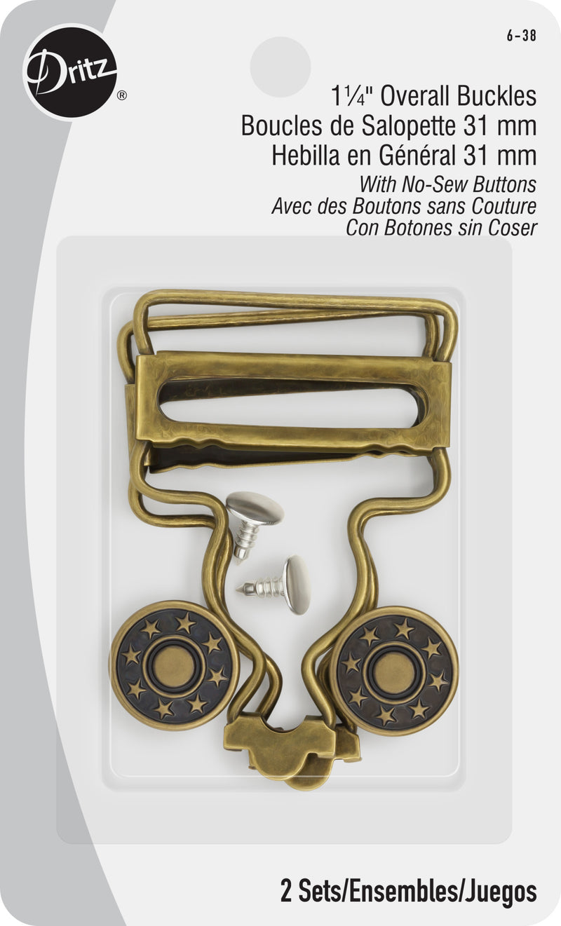 Cargue la imagen en el visor de la galería, 6-38|Dritz 1-1/4" Overall Buckles with No-Sew Buttons, Antique Brass, 2 pc