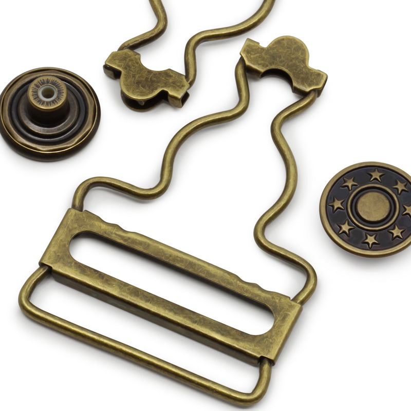 Cargue la imagen en el visor de la galería, 6-38|Dritz 1-1/4" Overall Buckles with No-Sew Buttons, Antique Brass, 2 pc