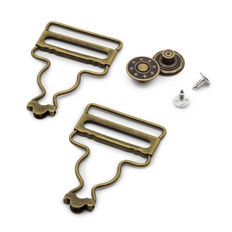 Cargue la imagen en el visor de la galería, 6-38|Dritz 1-1/4" Overall Buckles with No-Sew Buttons, Antique Brass, 2 pc