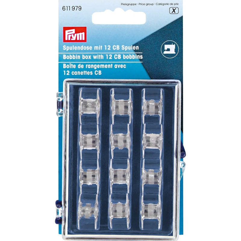 Load image into Gallery viewer, 611979| Bobbin box + 12 CB plastic sew m/c bobbins 3 x 7 x 9 cm