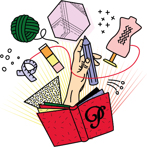 Illustration of a hand holding a pen with various sewing and crafting items around it.