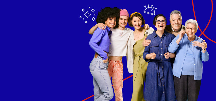 Group of people posing together against a blue background with decorative elements.