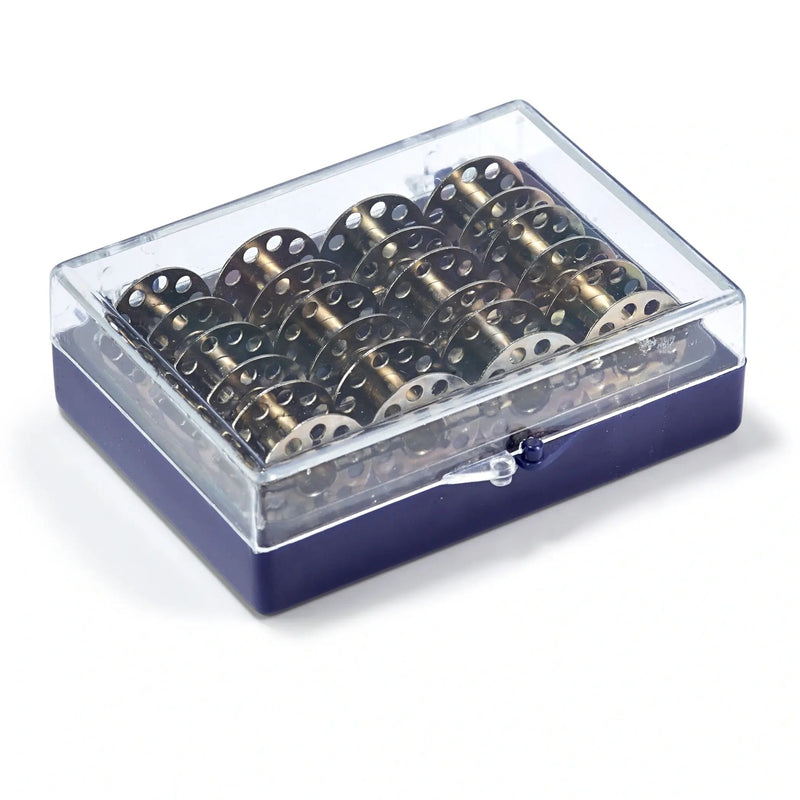 Load image into Gallery viewer, 611985| Bobbin box + 12 CB metal sew m/c bobbins 3 x 7 x 9 cm