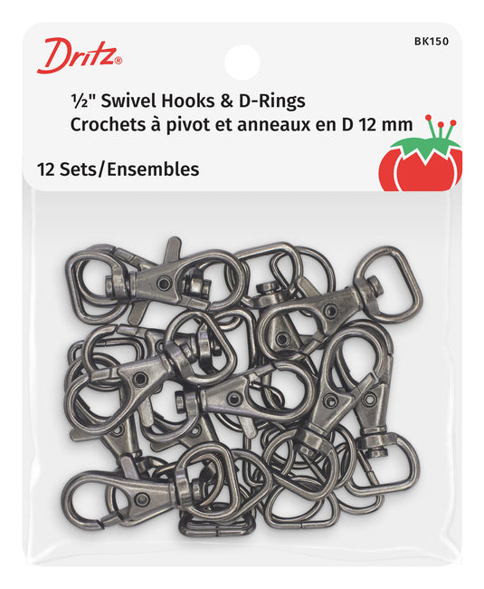BK150|Dritz 1/2" Swivel Hooks & D-Rings, Gunmetal, 12 Sets