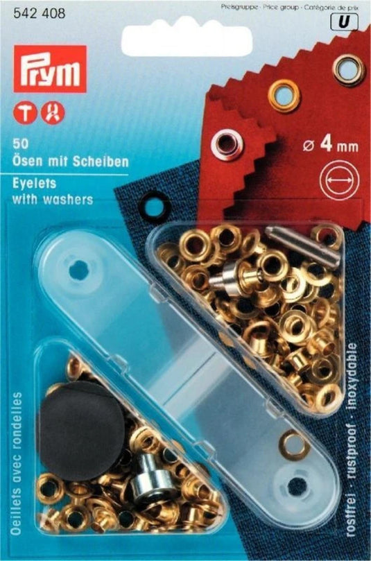 542408|Prym Eyelets with washers 4mm gold with tools 50pc