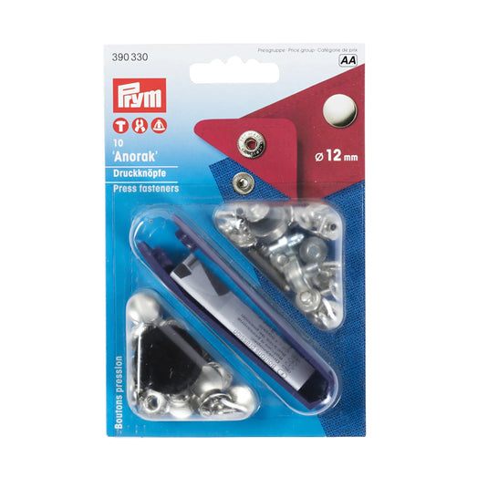 390330|Prym ANORAK 12 mm silver with tools 10pc
