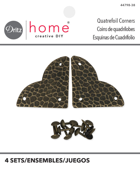 44798-38|Dritz Textured Quatrefoil Corners, Small, Antique Brass, 4pc