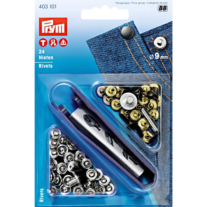 Load image into Gallery viewer, 403101|Prym RIVETS 9 mm silver/antique steel with tools  24pc