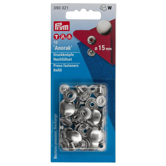 390321|Prym ANORAK 15 mm refill silver 10pc