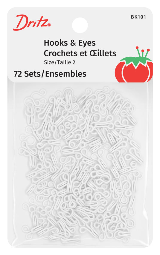 BK101|Dritz Hooks & Eyes, Size 2, 72 Sets, White