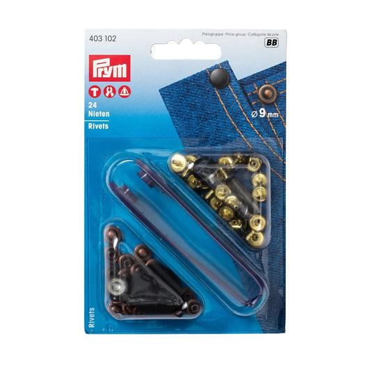 403102|Prym RIVETS 9 mm antique copper/black oxidized with tools  24pc