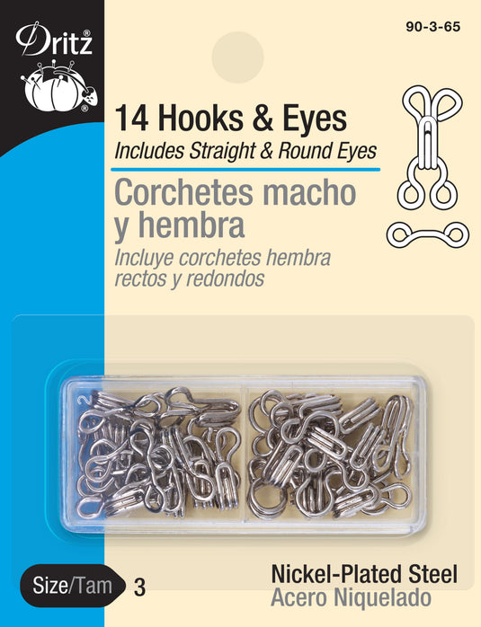 90-3-65|Dritz Hooks & Eyes, 14 pc, Nickel, Size 3