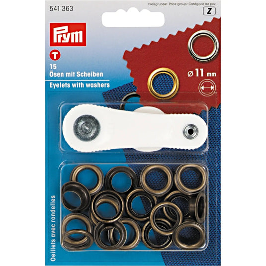 541363|Prym Eyelets with washers 11 mm antique brass with tools 15pc