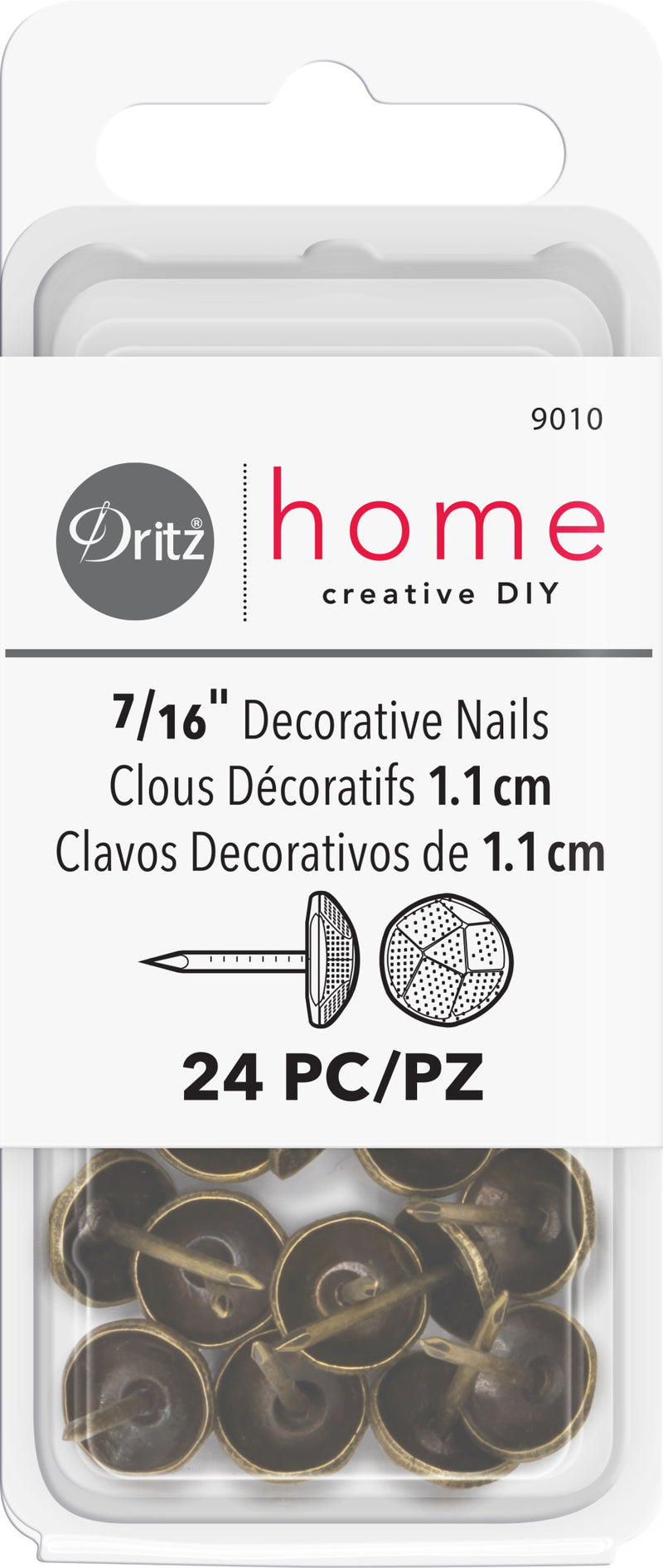 Load image into Gallery viewer, 9010|Dritz 7/16" Textured Decorative Nails, Antique Brass, 24 pc