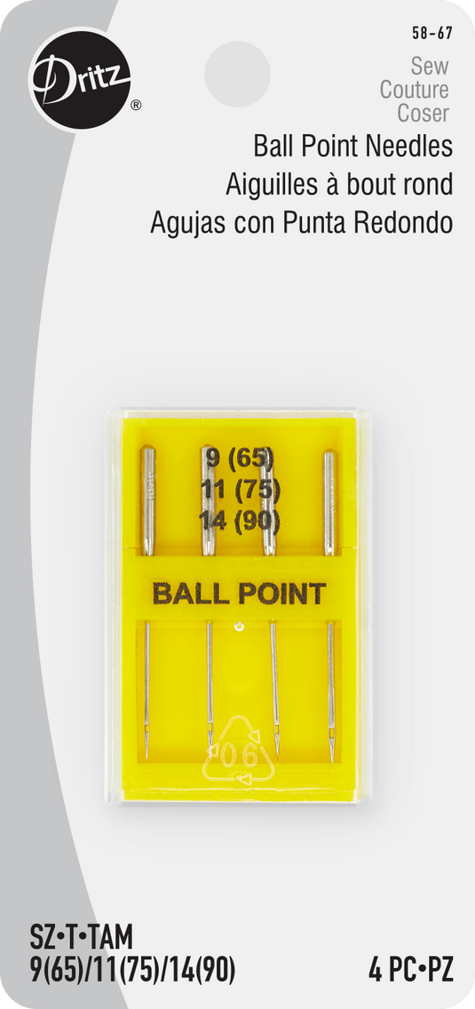 58-67|Dritz Ballpoint Machine Needles, Sizes 9 (65), 11 (75) & 14 (90), 4 pc