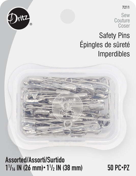 7211|Dritz Safety Pins, Assorted Sizes, Nickel, 50 pc