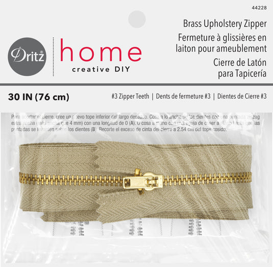 44228|Dritz Brass Upholstery Zipper, Beige, 30"
